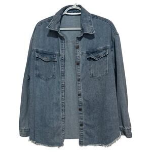Women’s Light Blue Jean Frayed Hem Dual Chest Pockets Button Up Shacket Size L